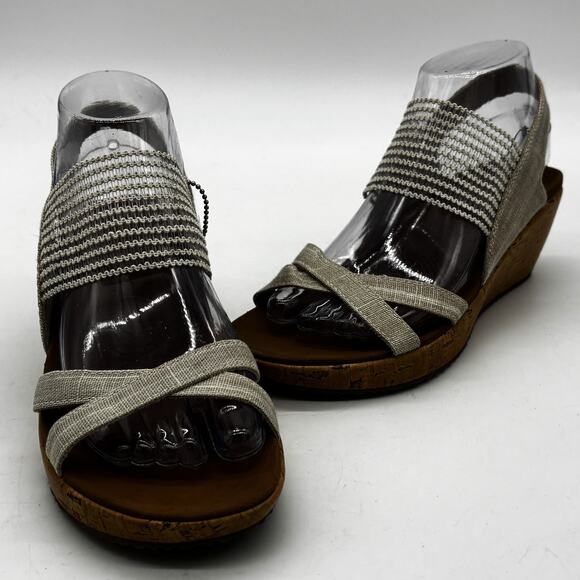 Skechers Sandals Womens 7.5 Cork Heel Wedge Shoes 31723 Slip On Luxe Foam NWT - Picture 1 of 10